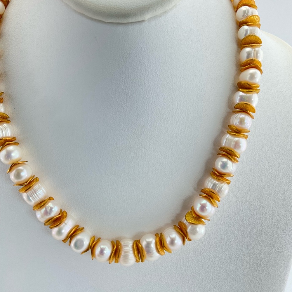 Chunky, White Baroque Pearl & Sparkle Gold Necklace, Fresh Water Pearls, Baroque - Picture 5 of 12